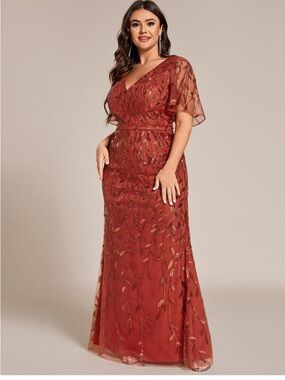Elegant burnt orange/rusty red sequin maxi dress with flutter sleeves. Size 20.